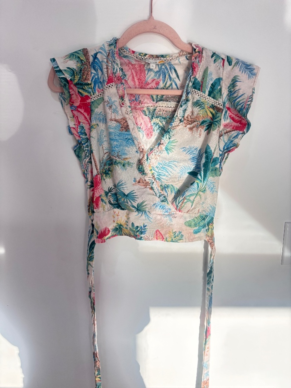 C&C California Tropical Linen Blend Crop Top Pants Set Resort Co-Ord Small